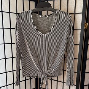 Black & White Striped Tie-Front Long Sleeve Top